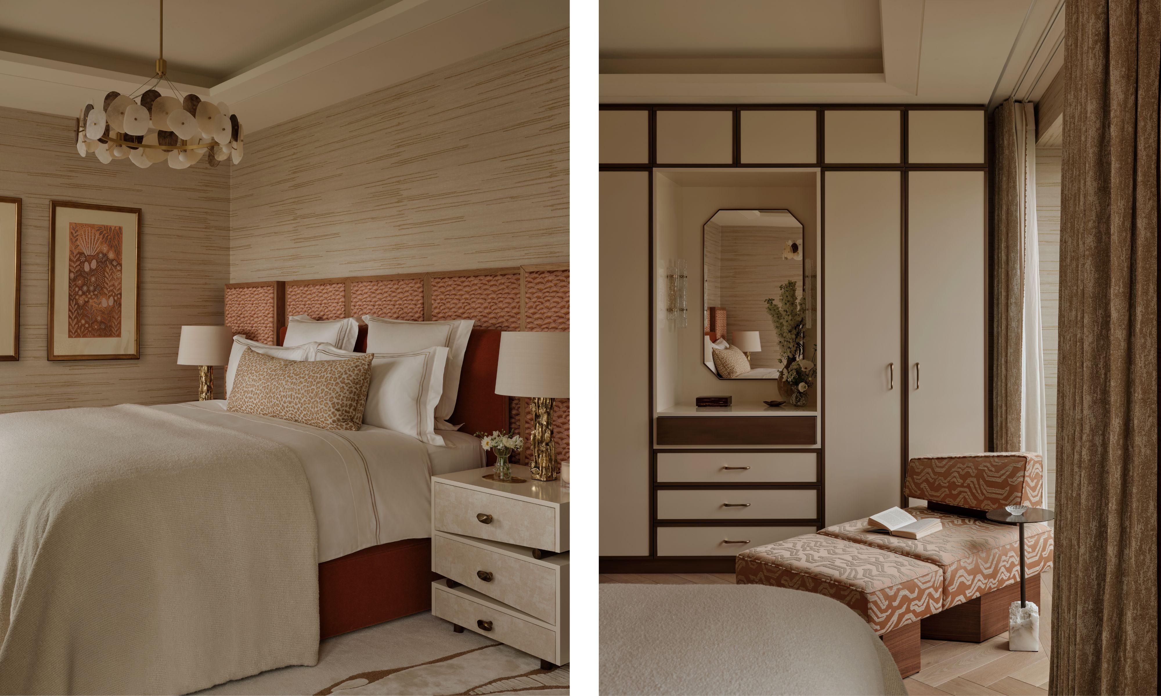 two shots next to each other of the same bedroom, a netural color scheme with a pale pink heaadboard and soft coral chair