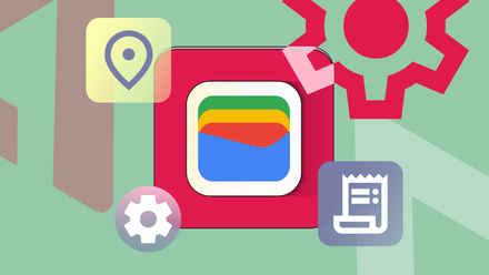 Illustration of the Google Wallet logo surrounded by icons for location, settings, and transaction history.