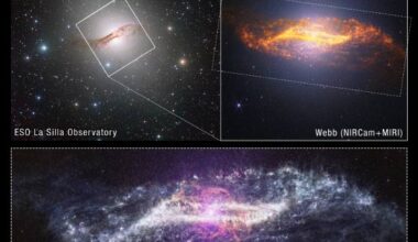 The ground-based image of Centaurus A from ESO (top left) puts the near-infrared and mid-infrared views from Webb into context. Image credit: ESO / NASA / ESA / CSA / STScI / A. Pagan, STScI.