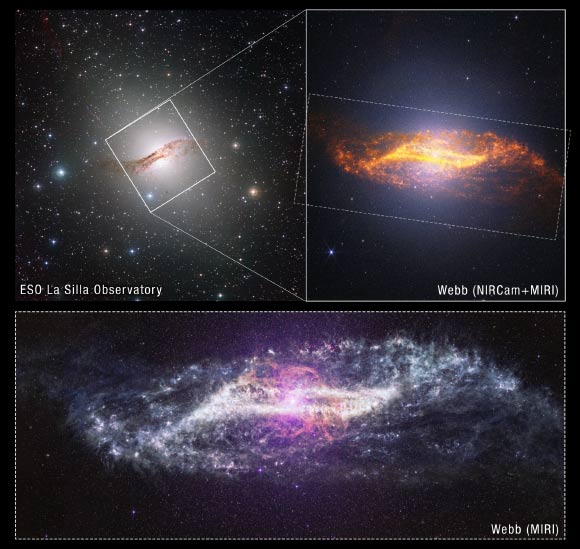 The ground-based image of Centaurus A from ESO (top left) puts the near-infrared and mid-infrared views from Webb into context. Image credit: ESO / NASA / ESA / CSA / STScI / A. Pagan, STScI.