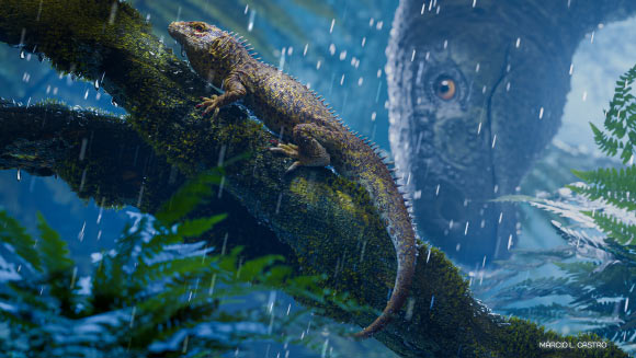 A landscape from the Late Triassic of southern Brazil showing Cargninia enigmatica being observed by the sauropodomorph dinosaur Macrocollum itaquii. Image credit: Marcio L. Castro.