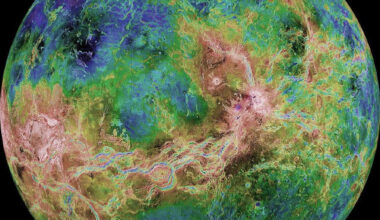 This hemispheric view of Venus was created using radar observations, including images from NASA’s Magellan spacecraft. Magellan imaged more than 98% of Venus. Gaps in the Magellan coverage were filled with images from the Earth-based Arecibo radar. The composite image was processed to improve contrast and to emphasize small features, and was color-coded to represent elevation. Magellan launched on May 4, 1989, and was deployed from the cargo bay of Space Shuttle Atlantis on May 5, 1989. The spacecraft orbited Venus from August 10, 1990, until October 13, 1994 when the spacecraft was commanded to plunge into the atmosphere of Venus. Image credit: NASA / JPL-Caltech / USGS.