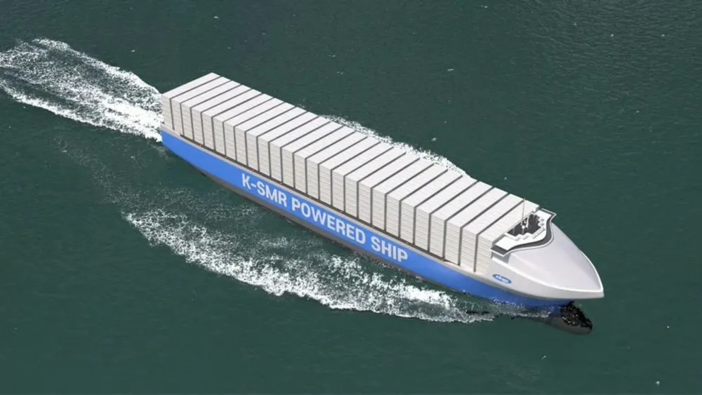 Hypothetical container ship supposedly to be powered by a molten salt reactor (MSR) or a Korean small modular reactor (K-SMR).
