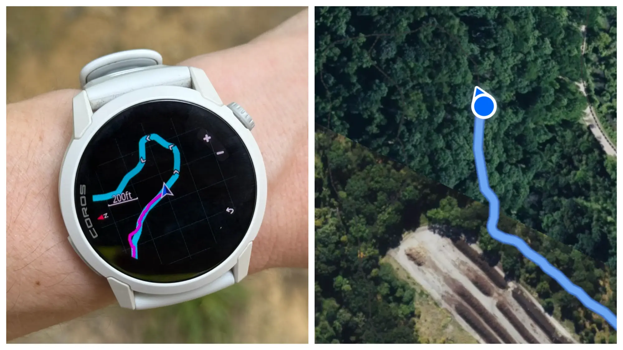 Left: breadcrumb trail on the watch. Right: with a map
