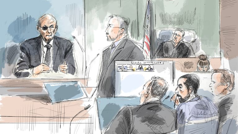 In this courtroom sketch, Salman Rushdie, left, testifies in federal court during the terrorism trial for Hadi Matar, Rushdie's alleged attacker, shown second from bottom left.