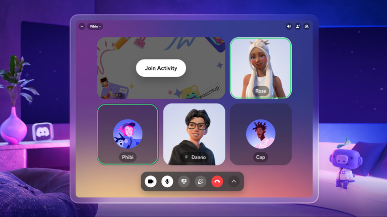 Illustration showing Discord interface within the Meta Quest headset, with both Meta and Discord avatars shown in the call screen.