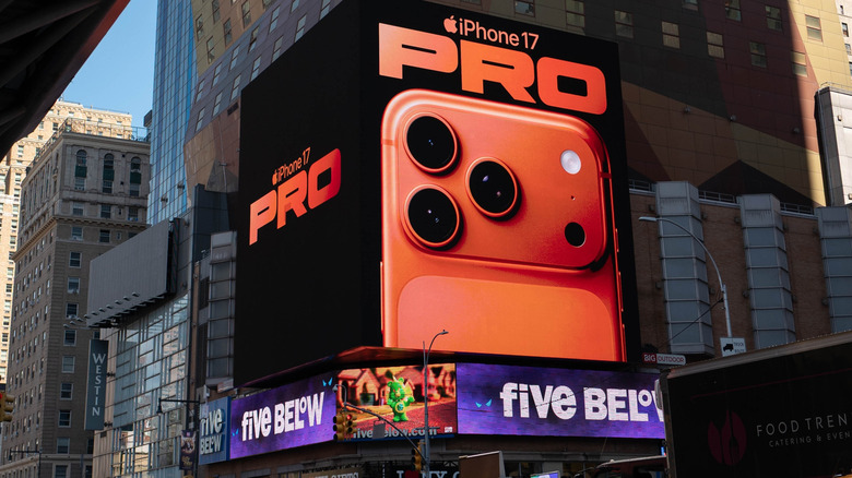A iPhone 17 Pro billboard in New York.