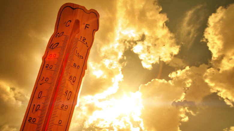 Melting thermometer against backdrop of a sunny sky