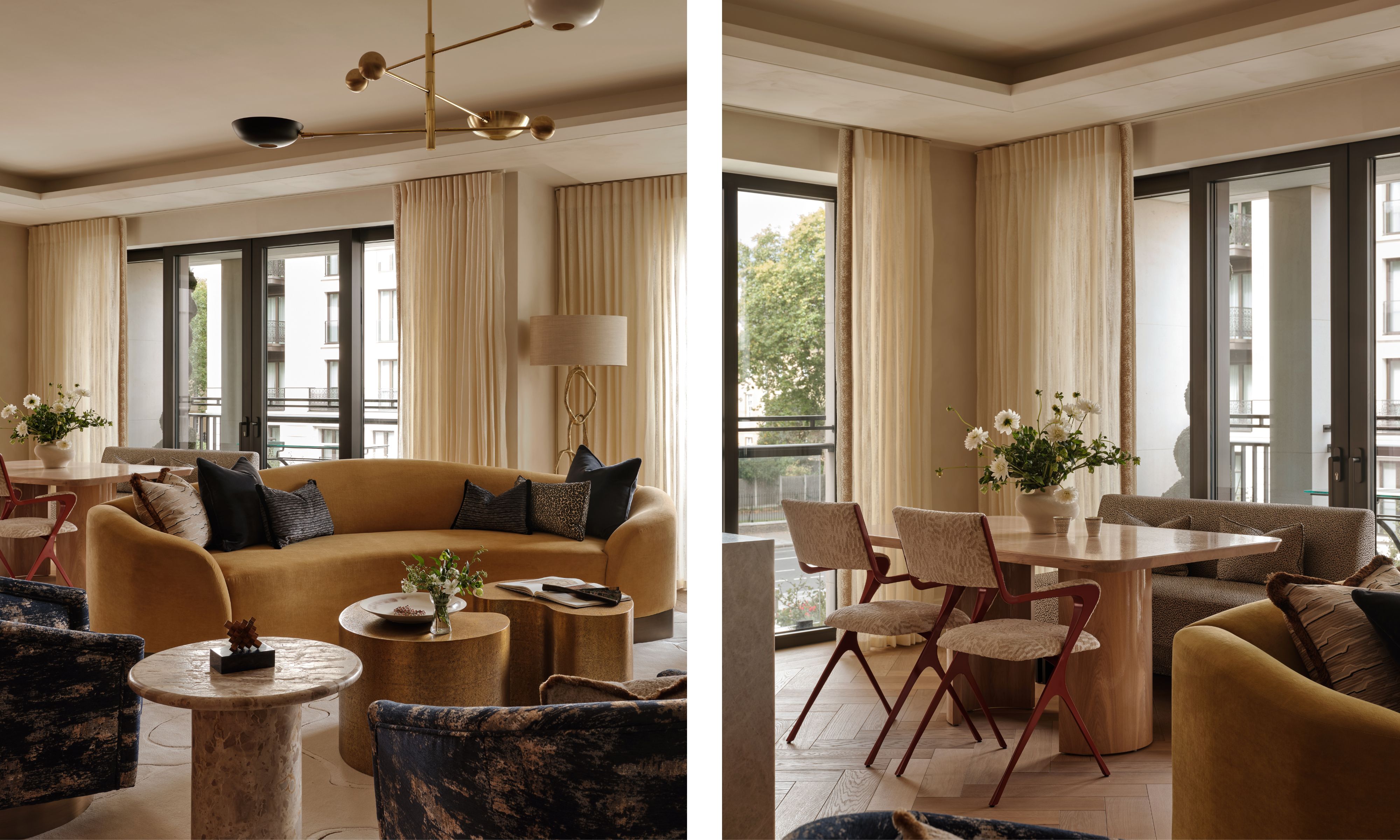 two shots next to each other of an open plan living room backing onto a dining area with a mustard sofa