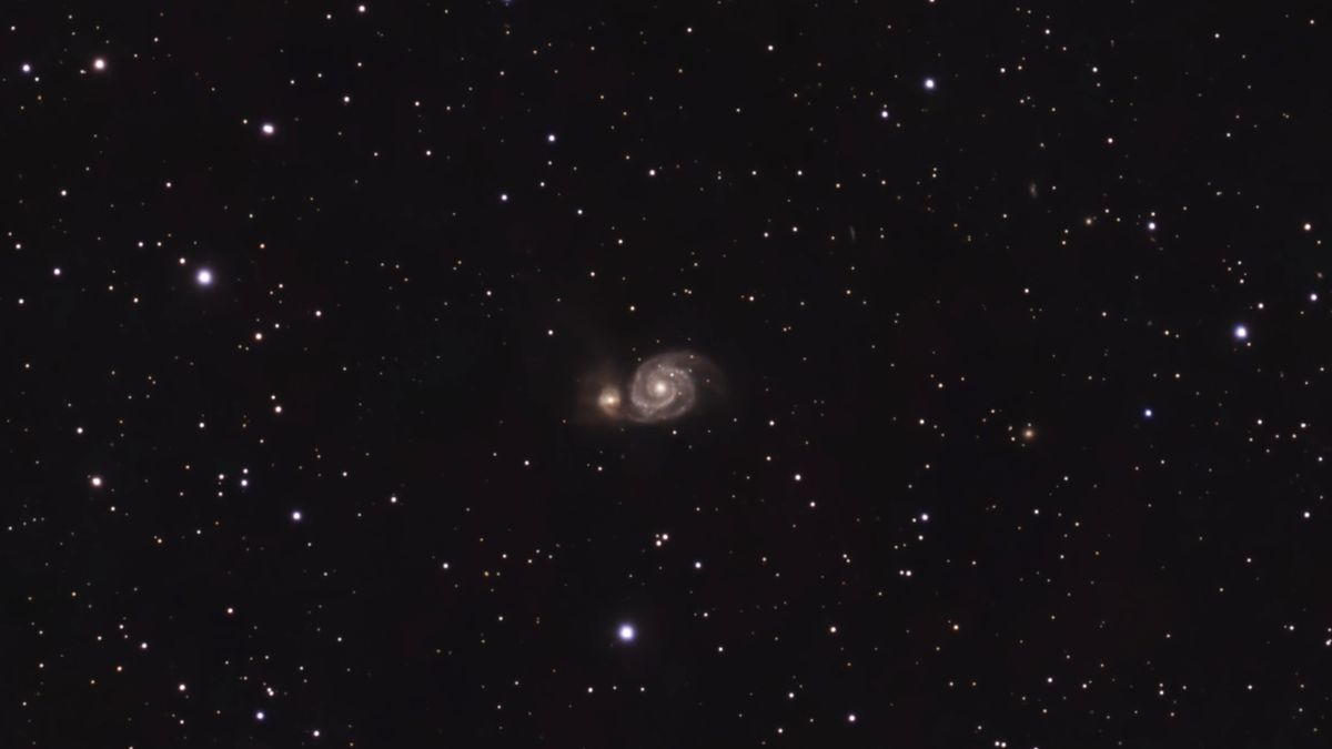 The Whirlpool Galaxy (M51), as imaged with the ZWO Seestar S30 Pro in EQ mode and edited with Deep Sky Stack and AI Denoise.