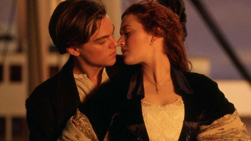 Jack and Rose about to kiss on the deck in Titanic