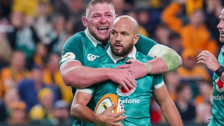 Jamison Gibson-Park celebrates a try for Ireland against the Wallabies in Sydney.