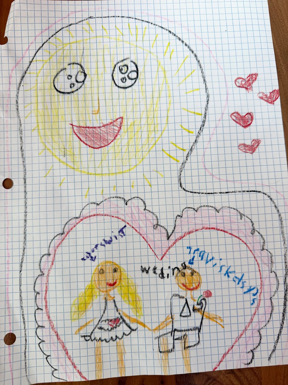 A child's crayon drawing on graph paper showing a smiling blond bride and groom holding hands in a large heart, under a sun