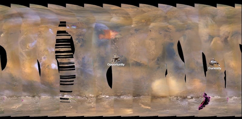 The 2018 Martian dust storm spreads across the planet's surface, as seen by the Mars Colour Imager aboard NASA's Mars Reconnaissance Orbiter (Credit : NASA/JPL-Caltech/MSSS)