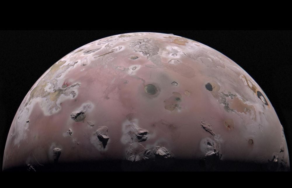 The JunoCam instrument captured this image of the volcanic moon Io during Juno's flyby in December 2023. During this and the next flyby in February 2024, Juno used its Microwave Radiometer instrument to meausure the heat several meters under the moon's surface. Image Credit: NASA/JPL-Caltech/SwRI/MSSS. Image processing by Gerald Eichstädt