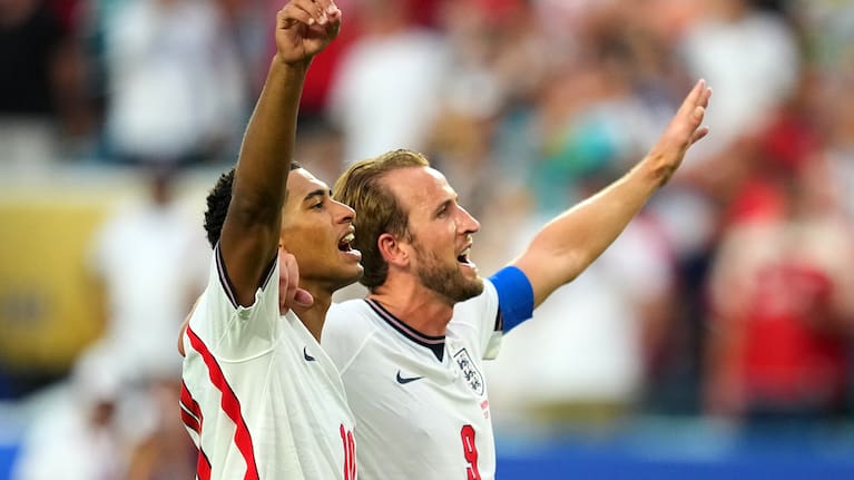 Jude Bellingham, left, and Harry Kane celebrates England's victory over Norway in a World Cup quarterfinal soccer match in Miami Gardens, Fla., Saturday, July 11, 2026