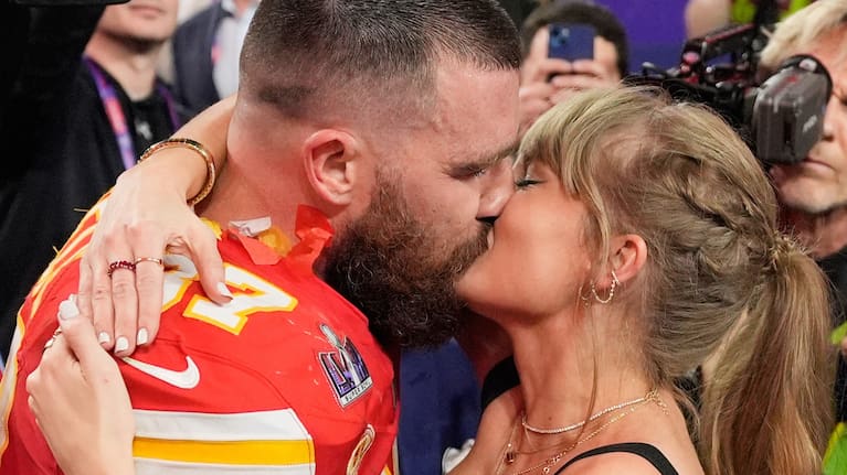 Kansas City Chiefs tight end Travis Kelce (87) and Taylor Swift kiss after the Chiefs defeated the San Francisco 49ers in the NFL Super Bowl 58 football game on Feb. 11, 2024, in Las Vegas.