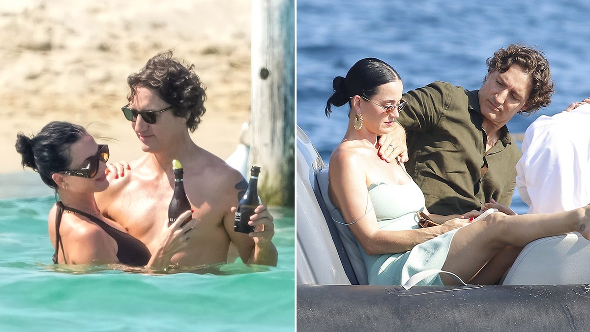 Katy Perry and Justin Trudeau sit on a boat in the South of France and in the water.