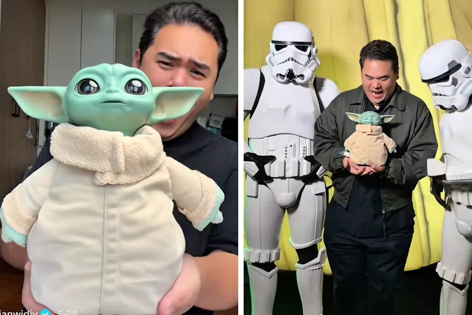 Adrian Widjonarko with the Grogu toy on the left and with the toy again at the premiere of The Mandalorian & Grogu. 
