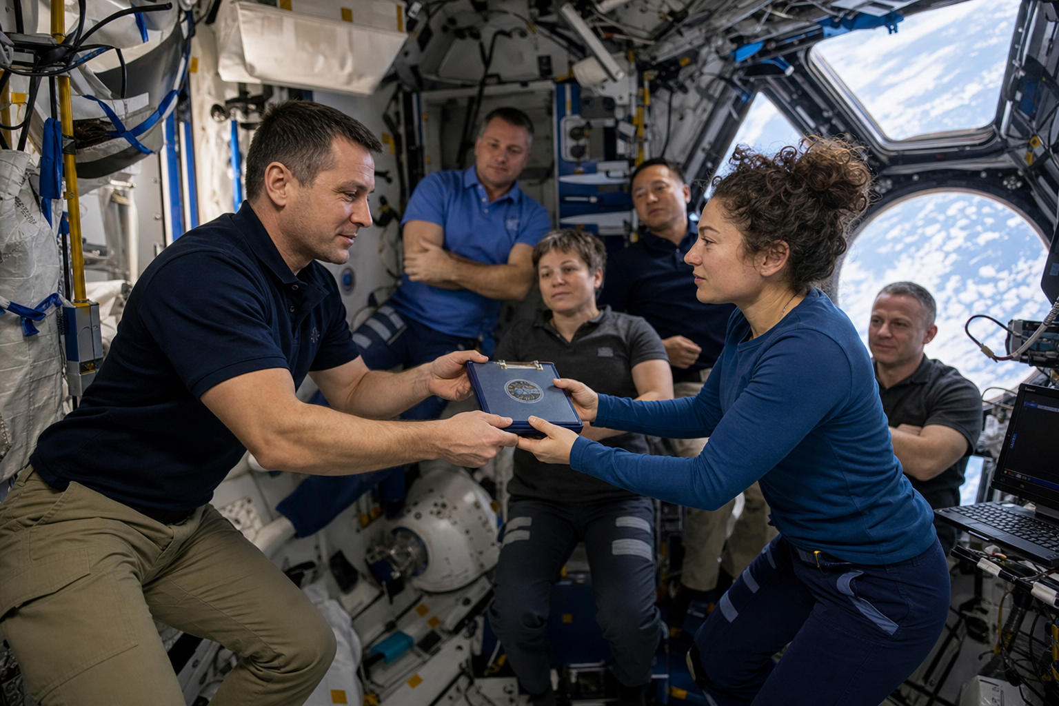 ISS crew members complete the command handover as Expedition 74 ends and Expedition 75 begins.