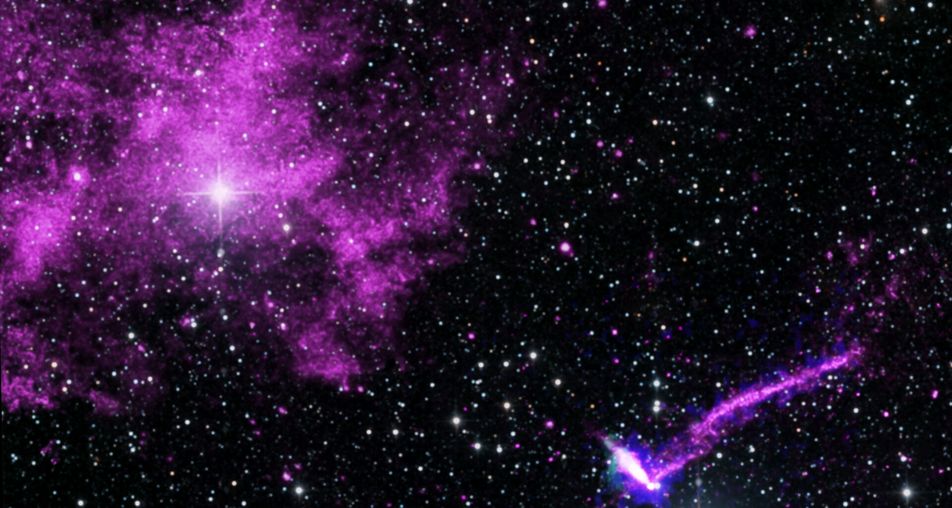 This composite multiwavelength image captures the turbulent environment surrounding the Lighthouse pulsar, set against a vast, black background speckled with twinkling white and faint green stars. In the upper-left quadrant, a massive, cloud-like nebula glows in a textured, vibrant purple hue, anchored by a prominent four-pointed star shining brightly near its center. Moving toward the lower-right quadrant, the pulsar itself is located at the lower tip of a concentrated, brilliant whitish-blue elongated point of light. Extending outward from its core is a long, narrow, and slightly curved jet of purple and blue emission that streaks upward and to the right. This jet represents a massive 37-light-year tail of high-energy particles trailing behind the rapidly spinning star as it plow through interstellar space. This composite image contains X-ray data from NASA's Chandra X-ray Observatory in purple, additional X-ray from NASA's IXPE in blue, and radio data from CSIRO in green. The starfield is optical data from the 2MASS survey.