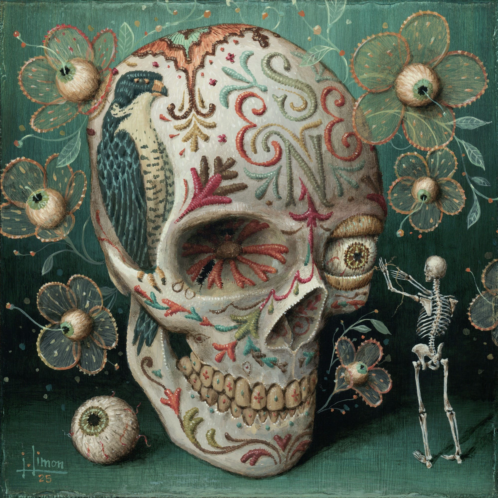 a trompe leoil painting by Jason Limon of tiny skeleton decorating a large skull
