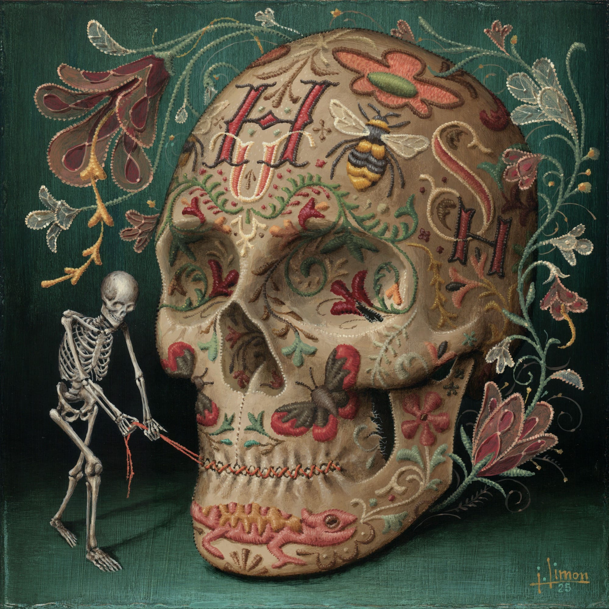 a trompe leoil painting by Jason Limon of tiny skeleton decorating a large skull