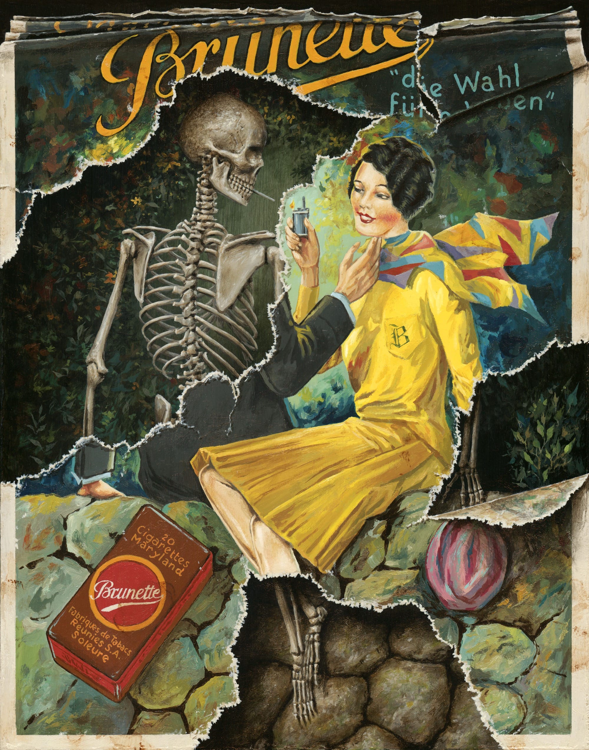 a trompe leoil painting by Jason Limon of a skeleton reaching out to touch a woman