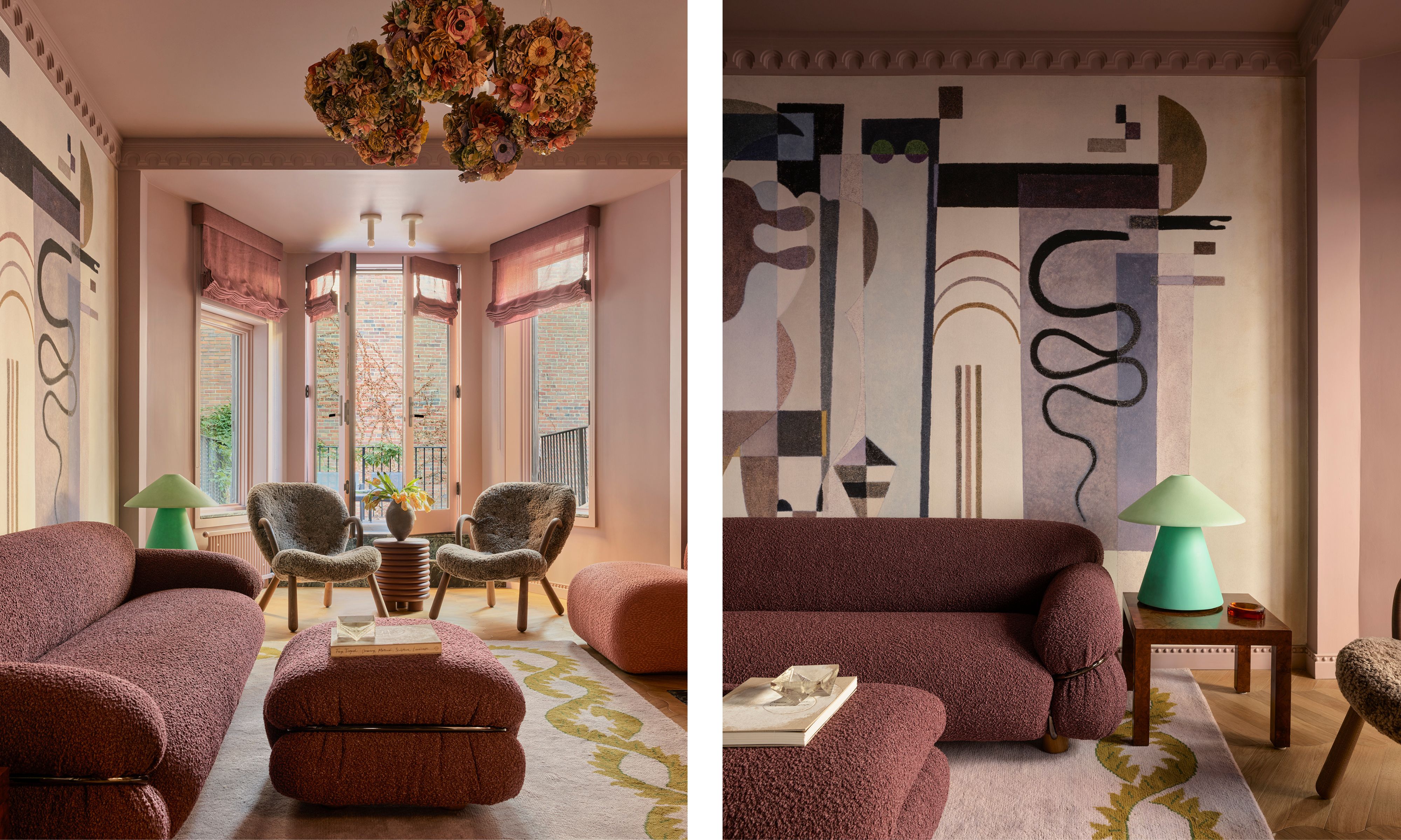 two shots next to each other of the same living room from two angles. In one, two armchairs face each other under a big pendant light. In the other shot, a sofa is against a wall under a big mural