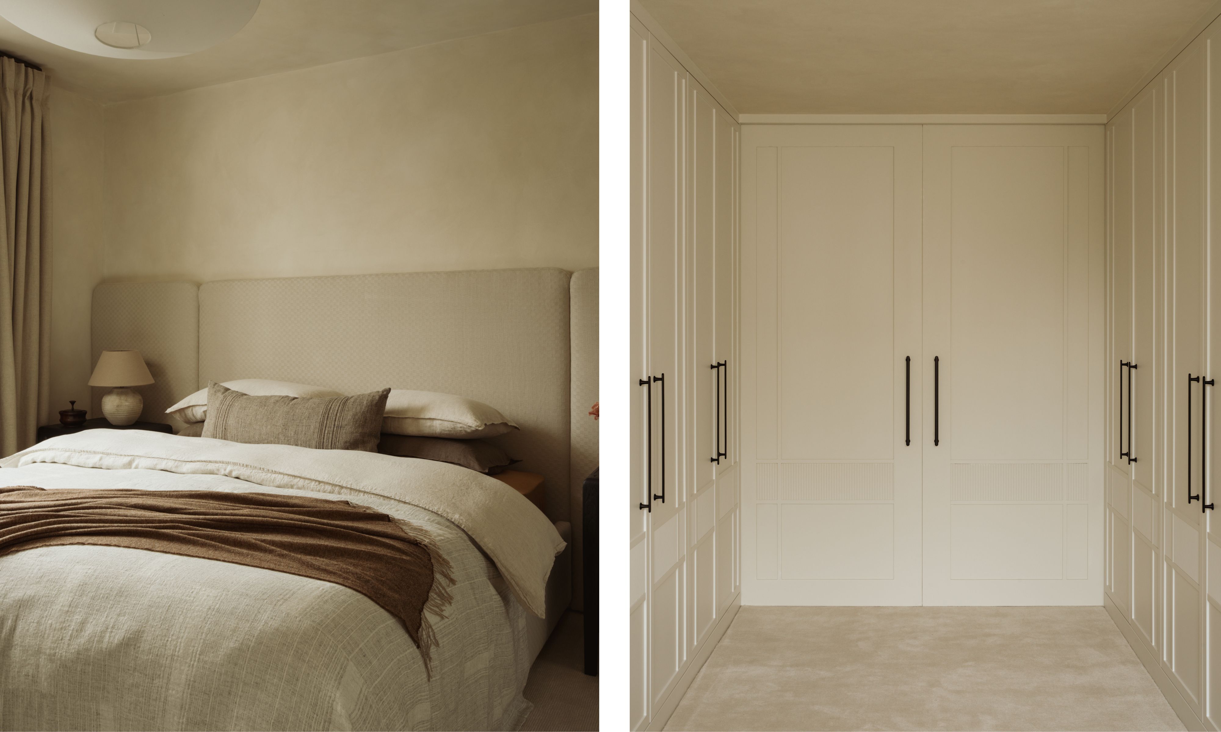 two shots next to each other. On the left, a neutral bedroom. On the right, a walk in closet with white cupboard doors.