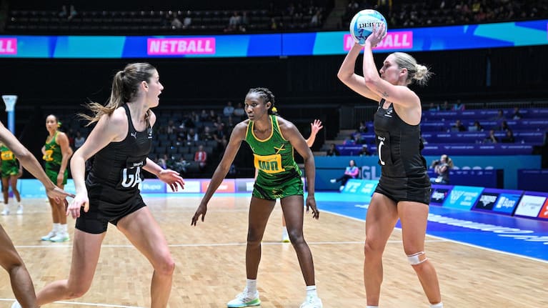 Maddy Gordon of New Zealand, Jodi-Ann Ward of Jamaica as Kate Heffernan of New Zealand looks on, New Zealand Silver Ferns v Jamaica netball match of the 2026 Glasgow Commonwealth Games at OVO Hydro, Glasgow, Scotland on Sunday, July 26, 2026.
