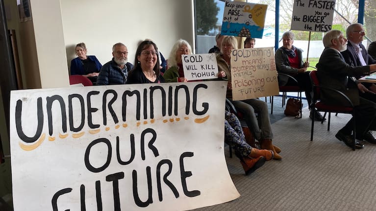 A group presents to Tasman District Council against a gold mining proposal, in May this year.