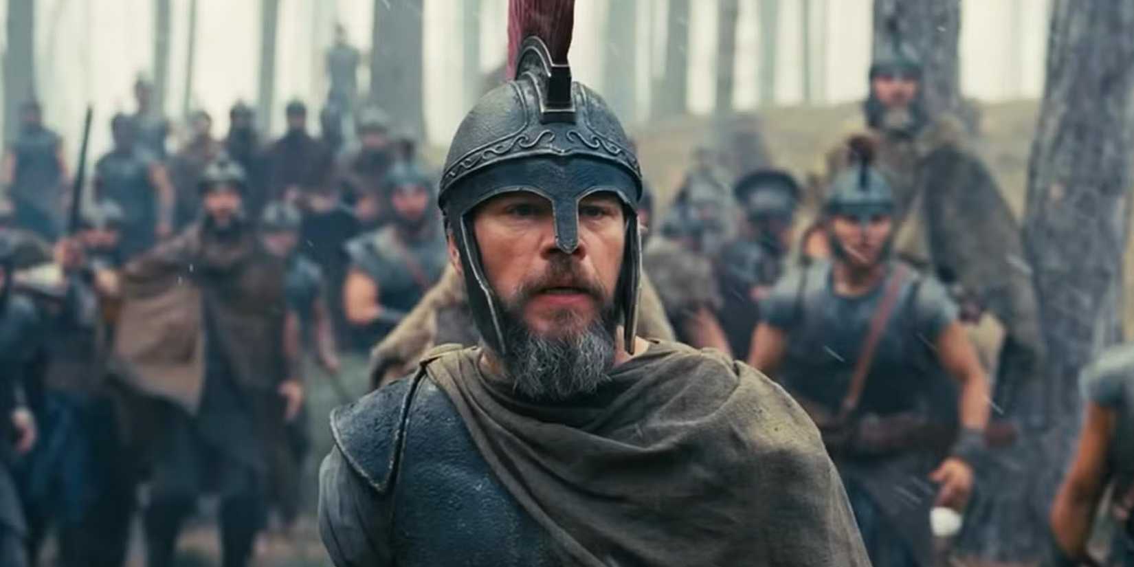 Matt Damon's Odysseus leading soldiers in The Odyssey