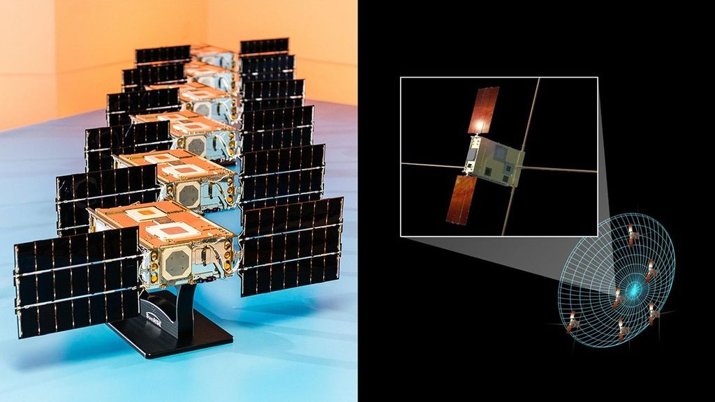 a split image: on the left, six small satellites on a table. on the right, those satellites fly in space in formation within an illustrated circle.