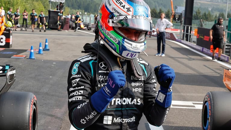 Mercedes driver Andrea Kimi Antonelli of Italy celebrates after qualifying for pole position ahead of the Formula One Grand Prix