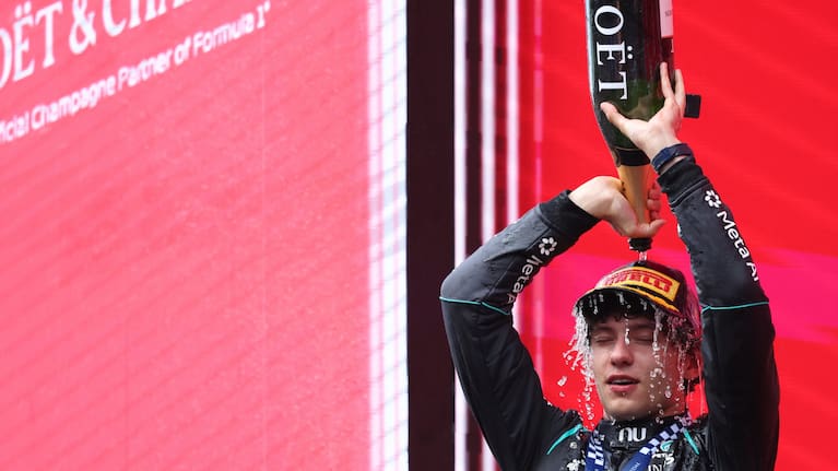 Mercedes driver Andrea Kimi Antonelli of Italy celebrates on the podium after winning the Formula One Grand Prix at the Spa-Francorchamps racetrack in Spa, Belgium.