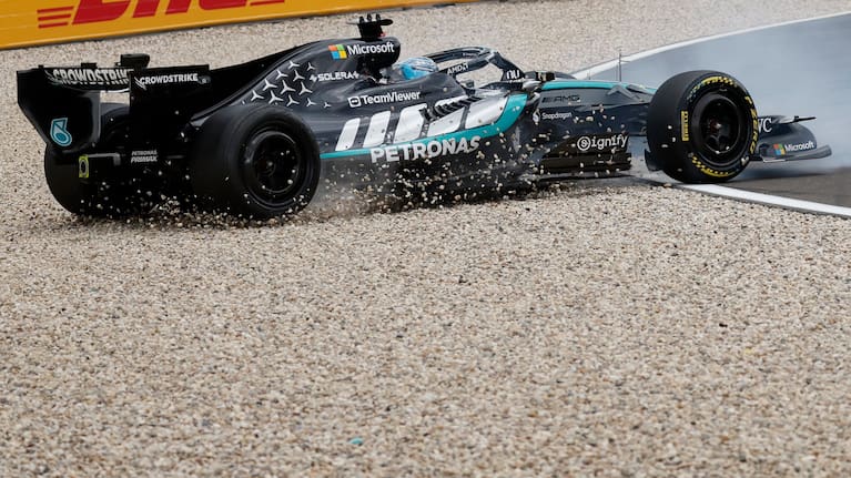 Mercedes driver George Russell of Britain spins off the track during the Formula One Grand Prix at the Spa-Francorchamps racetrack in Spa, Belgium.