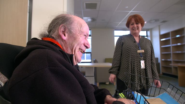 Michael Turner shares a laugh with Burwood Hospital deputy nursing director Caroline McCulloch.