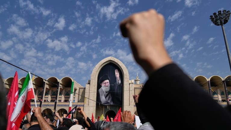 Mourners attend the start of the dayslong funeral ceremonies for slain Iranian Supreme Leader Ayatollah Ali Khamenei and members of his family at the Imam Khomeini Mosalla Grand Mosque in Tehran, Iran.