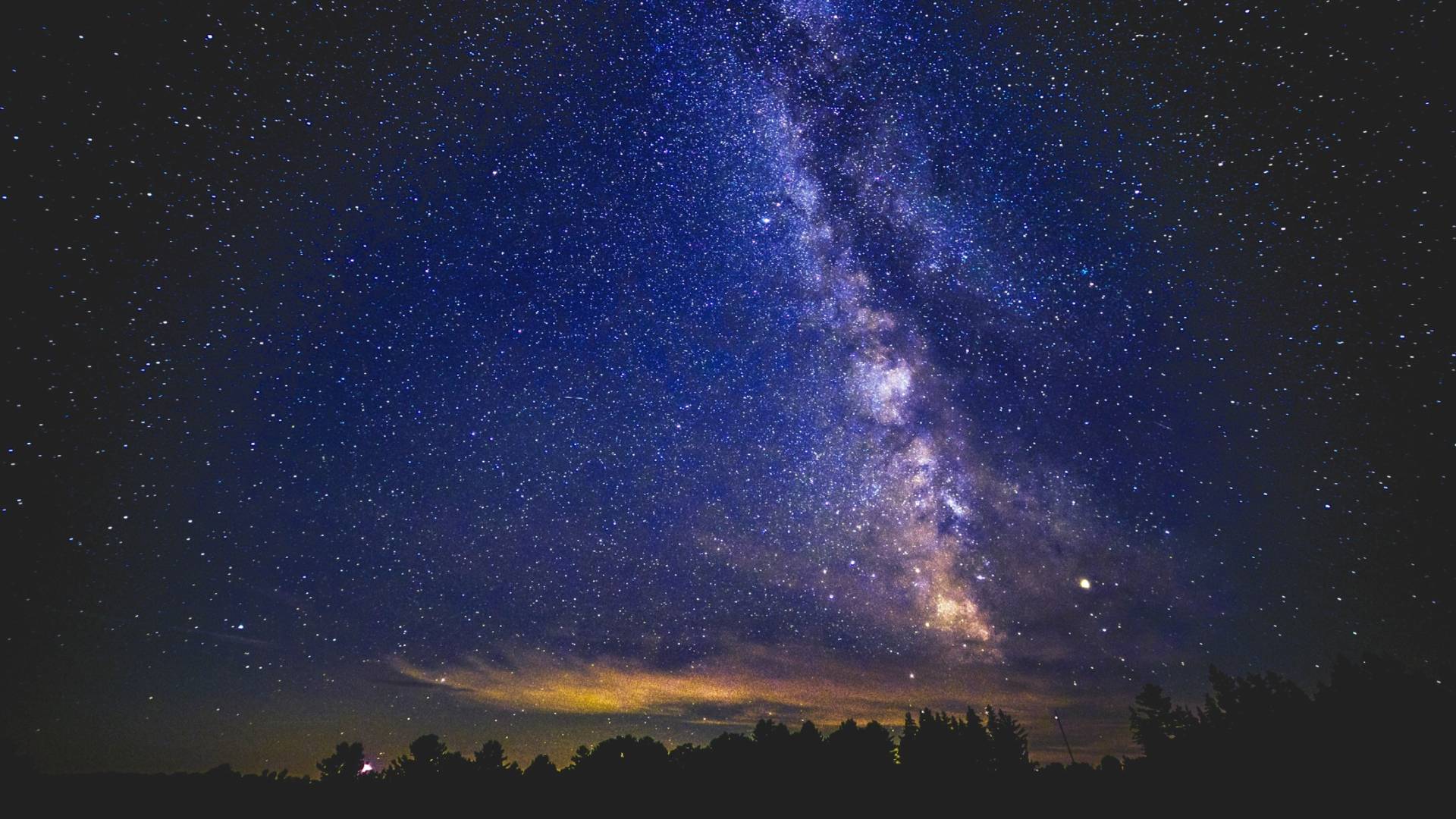 A night sky filled with stars and the Milky Way, above a silhouette of trees in the foreground.