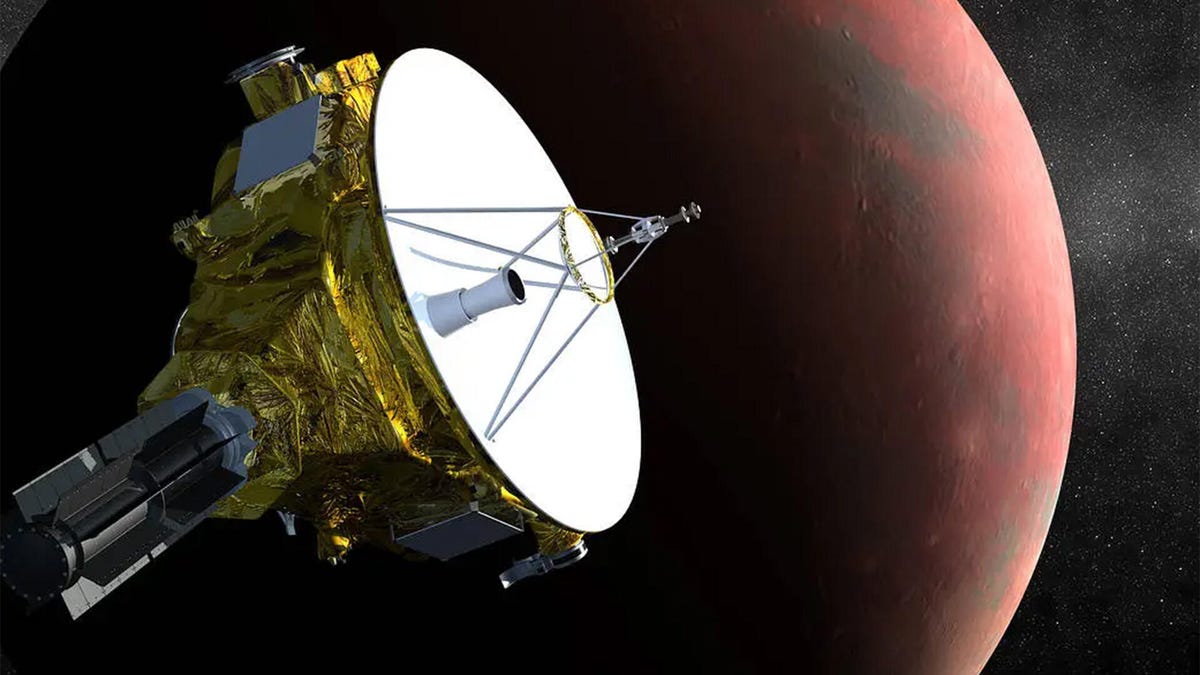An artist depiction of New Horizons near Pluto.