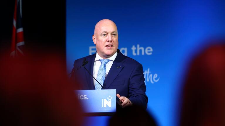 Party leader and Prime Minister Christopher Luxon speaks during the National Party 90th Annual Conference at Lower Hutt Event Centre
