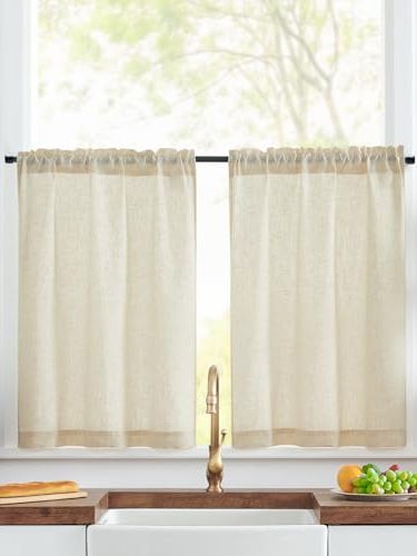 Topick Kitchen Curtains - 24 Inch Drop Linen Cafe Curtains for Small Windows - Half Flax, Solid Pattern, Short, Rustic Style - Rod Pocket - Basement, Laundry Room, Sink - 2 Panels