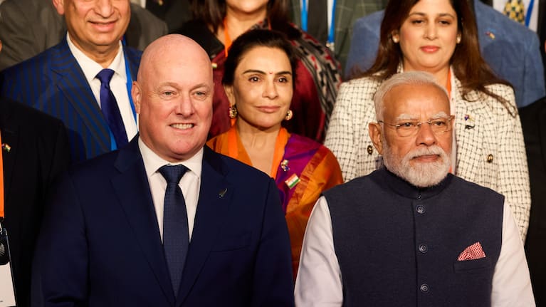New Zealand Prime Minister Christopher Luxon and India's Prime Minister Narendra Modi at the Viaduct Events Centre in Auckland on June 11, 2026.