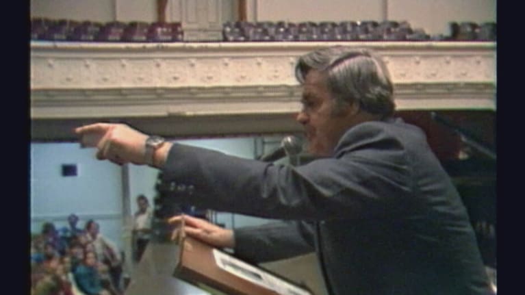 MP Norman Jones yelling at a group of gay campaigners in 1985