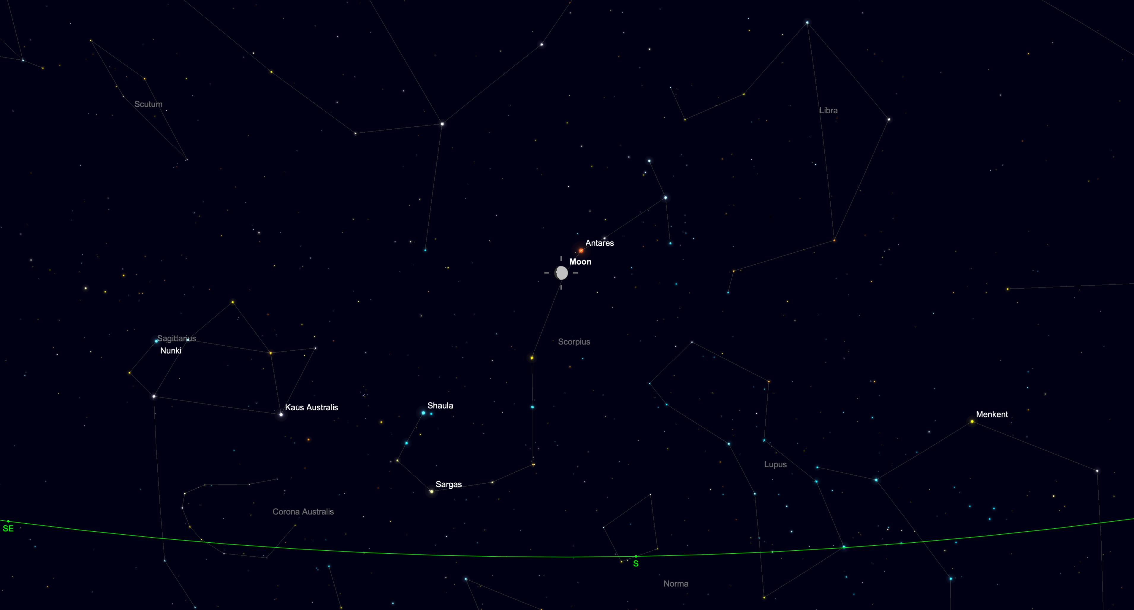 Star chart showing the waxing gibbous moon near Antares, the bright red heart of the constellation Scorpius.