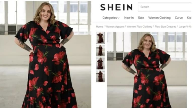On the left is the original Friday Flamingo dress online, while the Shein version is on the right.