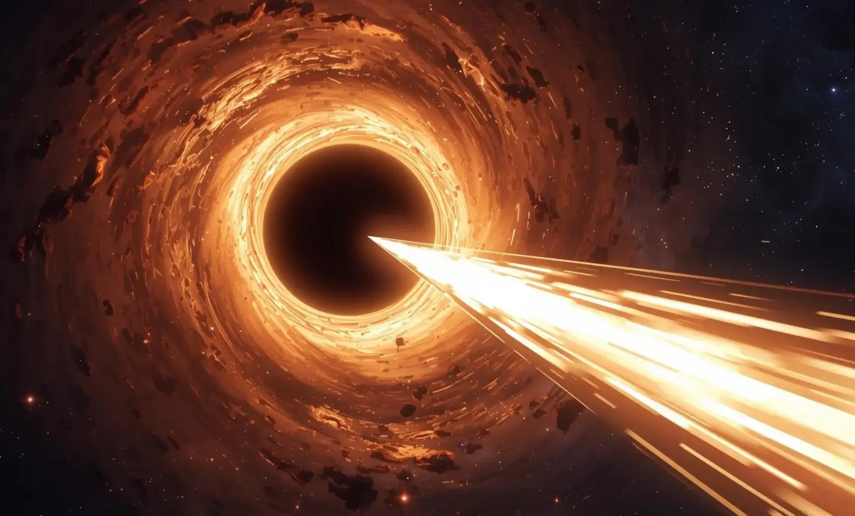 Illustration of the black hole at the center of the galaxy SDSS J110546.07+145202.4, highlighting its luminous accretion disk and jet. Credit: MPIfR