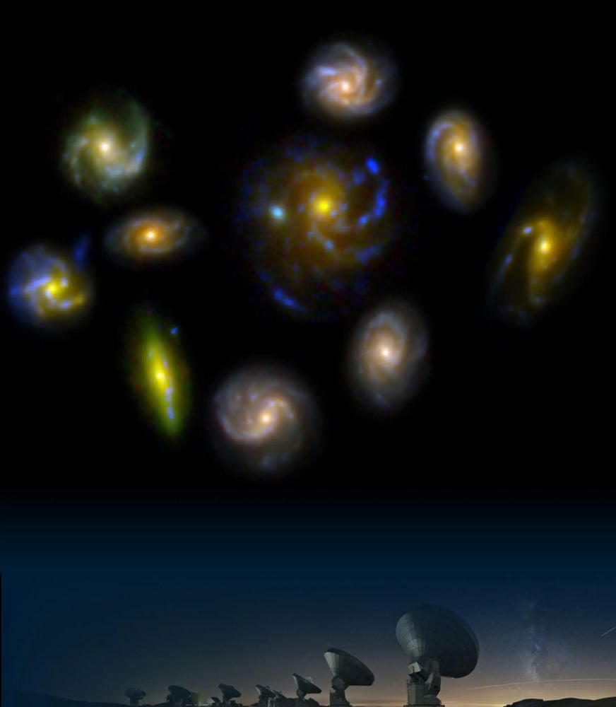 This image shows the dishes of the NOEMA interferometer and the ancient galaxies it studied. Along with JWST observations, new research shows that early galaxies channeled star forming gas with their spiral arms and bars, generating high star formation rates. Image Credit: Jean-Baptiste Jolly.
