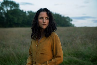 A scene from Tuesday. A woman stands alone in a large field and looks with concern at something offscreen. 